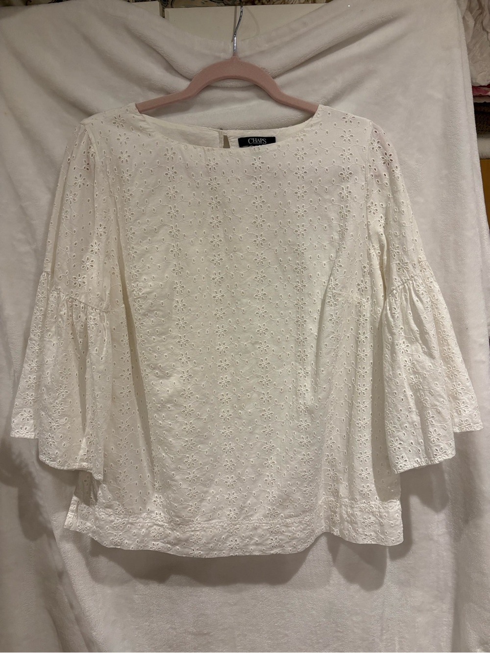 Chaps White Lace Eyelet Boho Blouse Size M Cottage Core Coastal Romantic Luxury